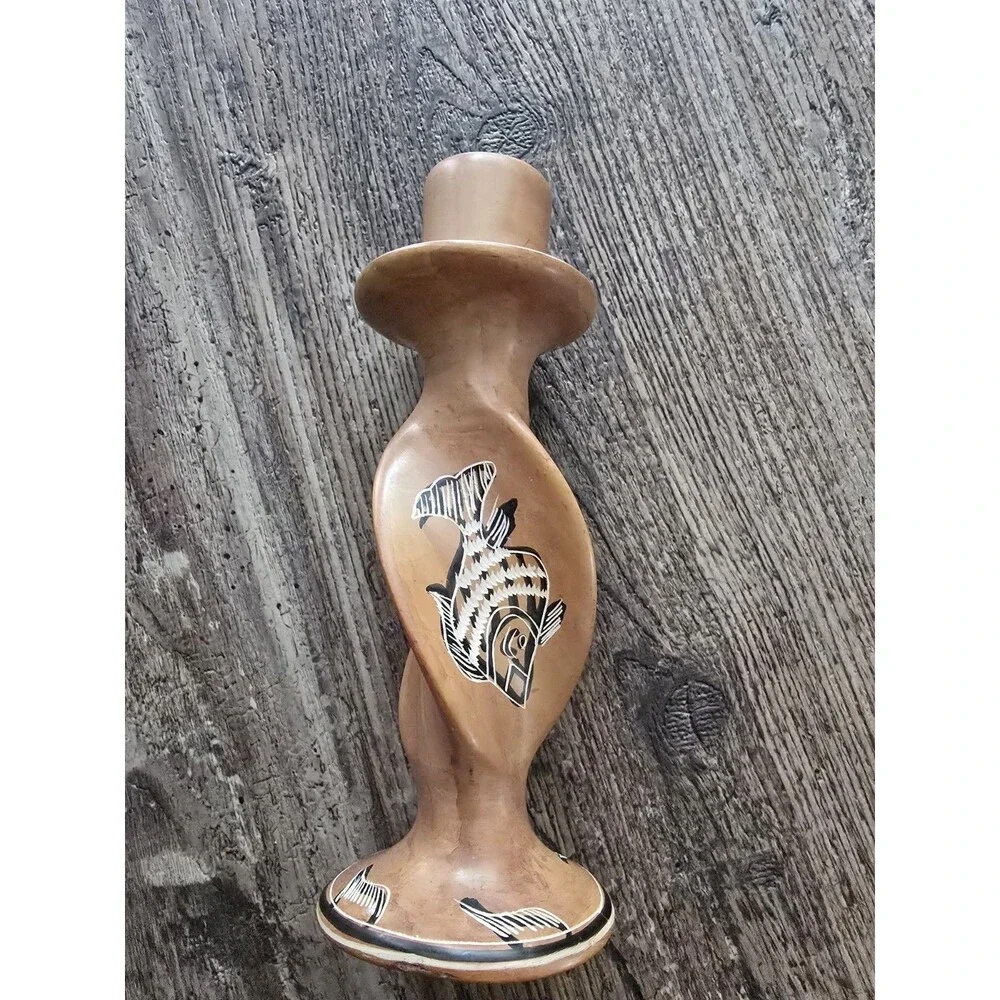 Hand Carved African Soapstone Candle Holder Twisted Design Fish/flower
